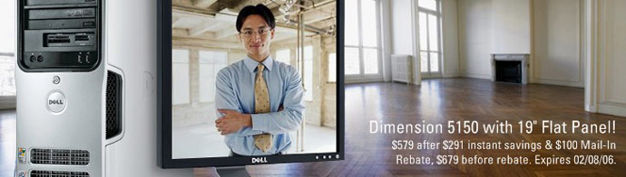 Computer in the middle of a hard floor elegant living room with an image of a satisfied businessman on the monitor